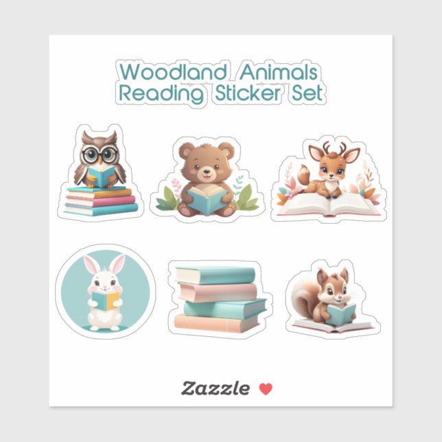 Sticker Cute Woodland Animaux Lecture Livres Histoire (Feuille)