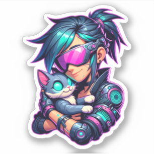 Sticker Cyberpunk Girl and Cat
