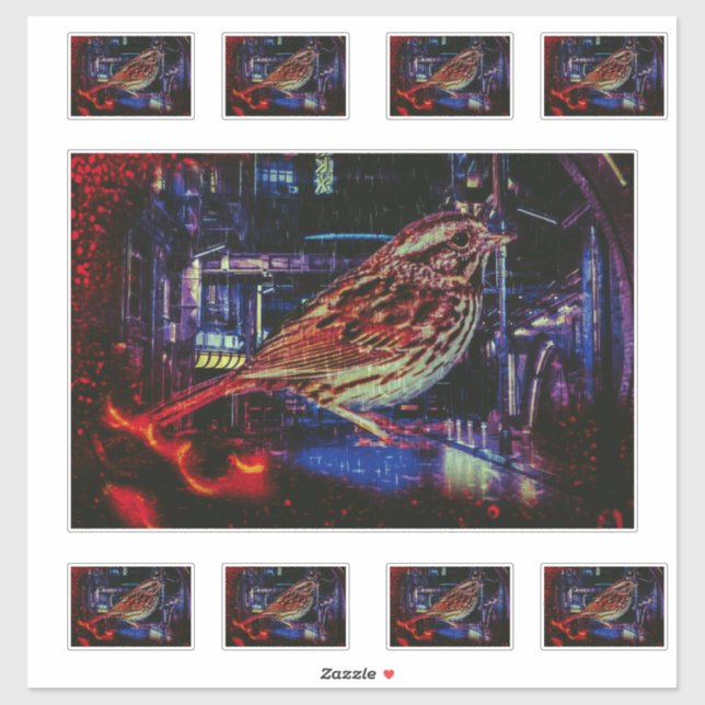 Sticker Cyberpunk Sparrow in Neon Cityscape (Feuille)