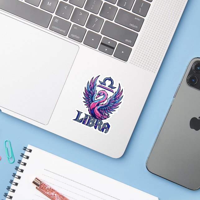 Sticker Cyberpunk Synthwave Balance Mascotte Cygne (Ordinateur portable avec iPhone)