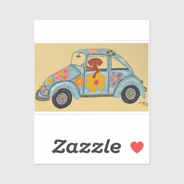 Sticker Dachshund dans une voiture hippie (Feuille)