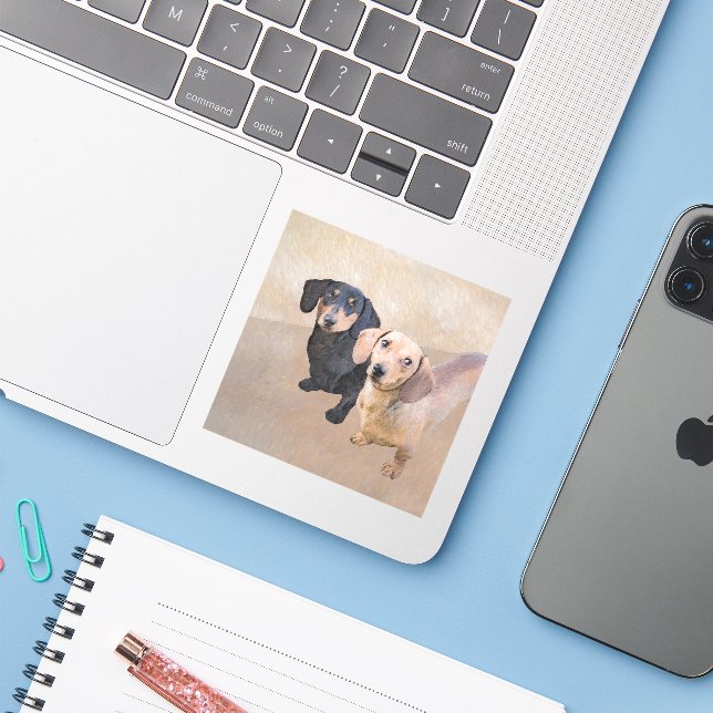 Sticker Dachshund (Smooth) Peinture - Art Chien original (Ordinateur portable avec iPhone)