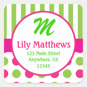 Sticker d'adresse Monogramme points rose et vert
