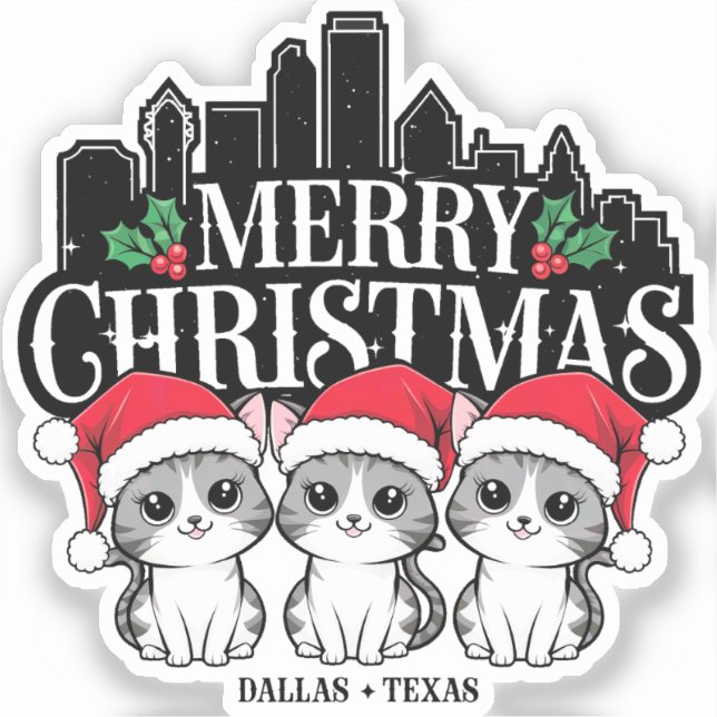 Sticker Dallas City Texas Merry Christmas Cats USA (Recto)