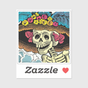 Sticker Dame Crâne de Sucre au Chapeau de Soleil Floral Gr