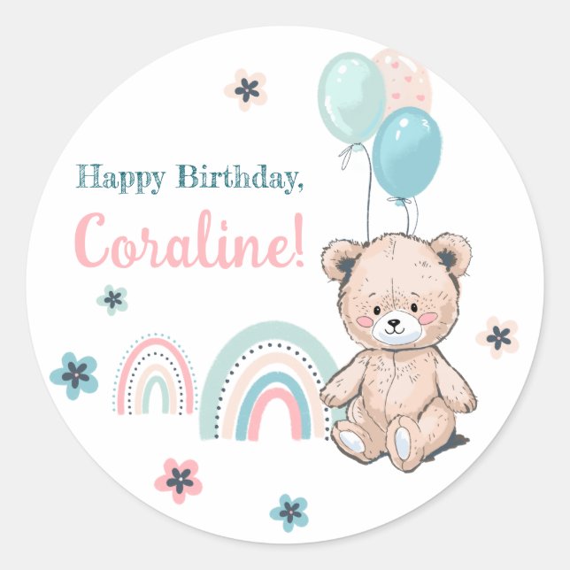 Sticker d'anniversaire avec ours en peluche mignon (Devant)