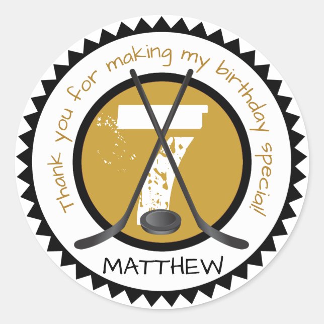 Sticker d'anniversaire de hockey noir et or (Devant)