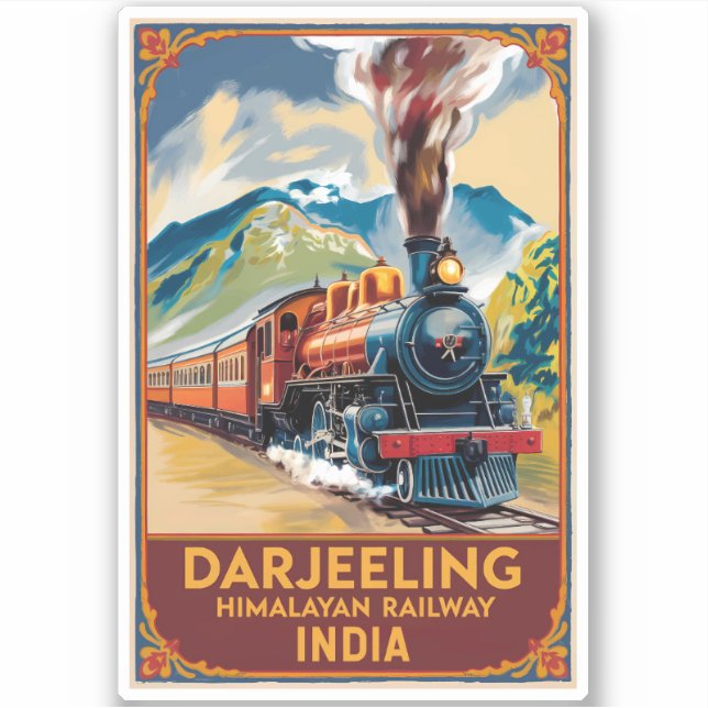 Sticker Darjeeling Inde Train Peintre Voyage Art Retro (Devant)