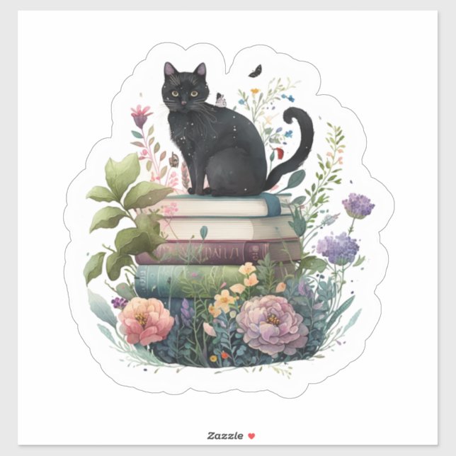 Sticker De beaux livres de fleurs et un chat (Feuille)
