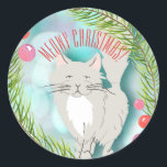 Sticker de la carte de vacances Meowy Christmas Ki<br><div class="desc">Souhaitez à toute votre famille et à vos amis un Noël très "Meowy" avec ce chaton kitty mignon blanc et gris design. Idéal pour maman de chat qui souhaite envoyer des salutations de vacances.</div>