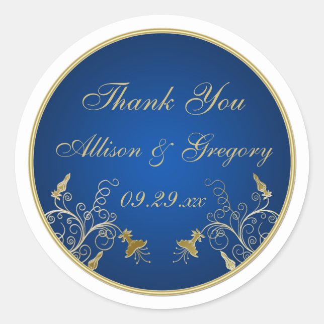 Sticker de mariage bleu marine et or floral Favor (Devant)