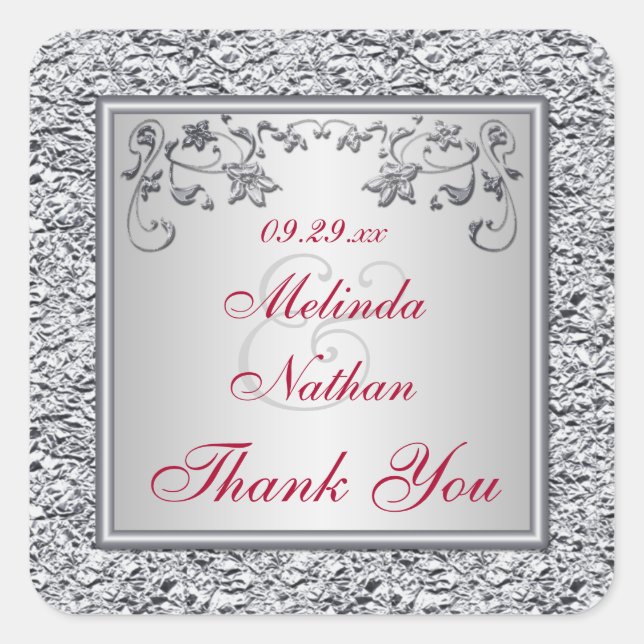 Sticker de mariage floral Rouge, Argent FAUX Foil  (Devant)