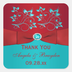 Sticker de mariage floral rouge et turquoise Favor