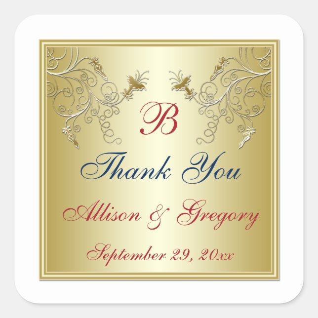 Sticker de mariage Gold, Red, Blue Monogram Favor (Devant)