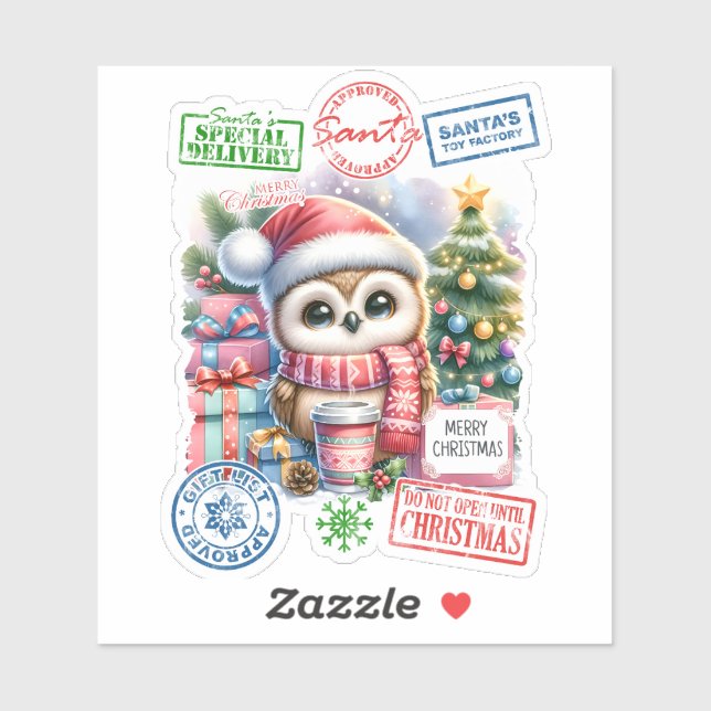 Sticker de Noël de la chouette joyeuse (Feuille)
