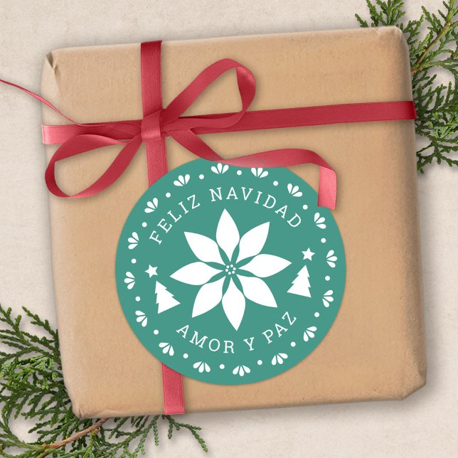Sticker de Noël Feliz Navidad Poinsettia (Feliz Navidad Poinsettia Christmas Sticker by Fiesta Valley Print)