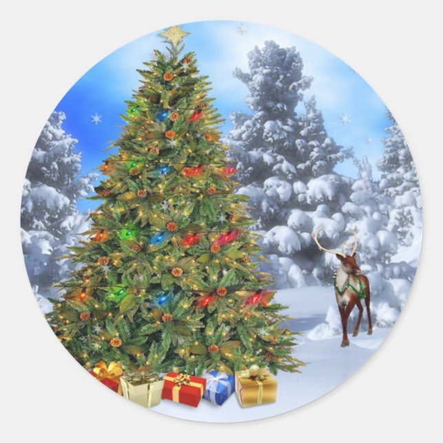 Sticker de Noël rond classique/Arbre de Noël (Devant)