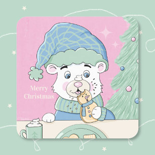 Sticker de Noël rose Carré de l'ours polaire