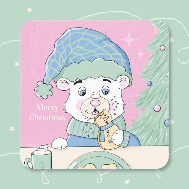 Sticker de Noël rose Carré de l'ours polaire (Pink retro-style Christmas square sticker with an adorable polar bear cub eating a cookie . )