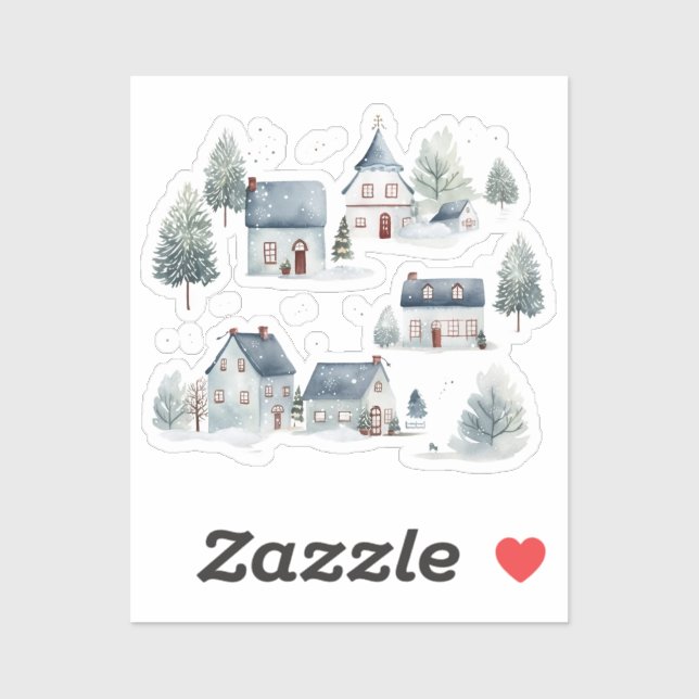 Sticker Décor de Noël scandinave Aquarelle Maisons (Feuille)