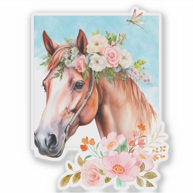 Sticker Découpage vinyle Cheval et fleurs à l'aquarelle (Devant)