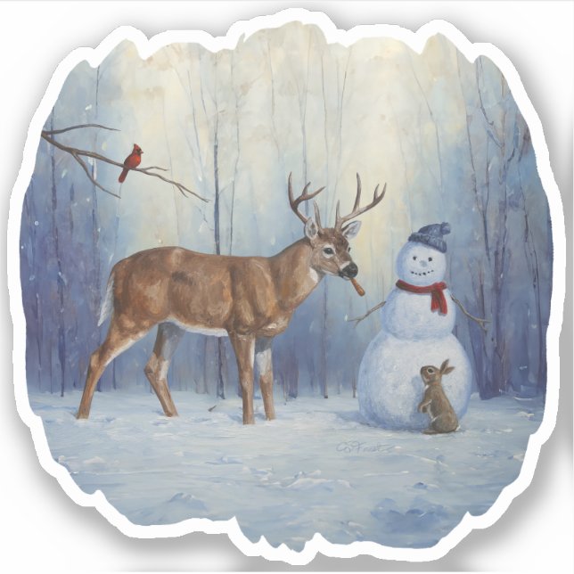 Sticker Deer et Happy Snowman hiver de vacances scène (Devant)