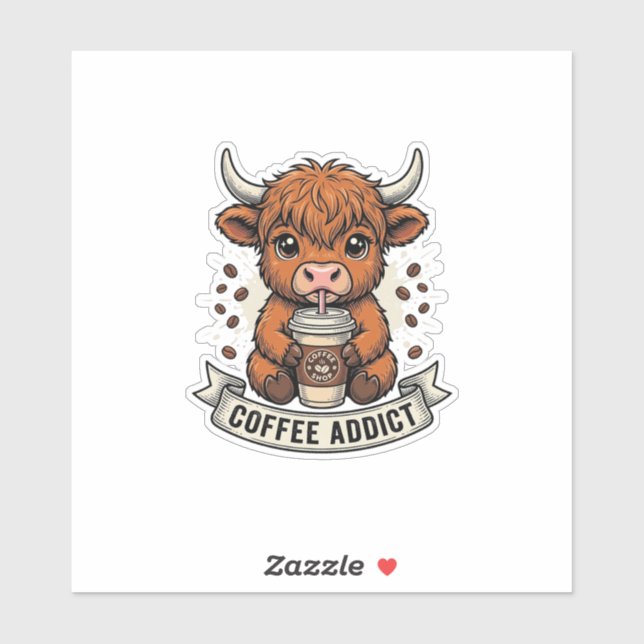 Sticker Dépendant au café Mignon Cow Highland Gravure Vint (Feuille)