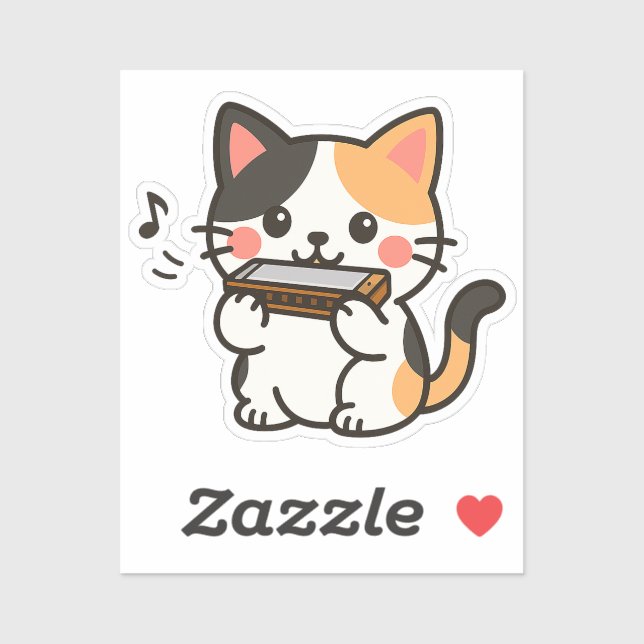 Sticker Dessin animé de chat calicot à l'harmonica (Feuille)