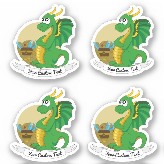 Sticker Dessin animé de dragon vert avec trésor et texte (Devant)