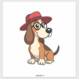 Sticker Dessin animé vintage Basset Hound au chapeau rouge
