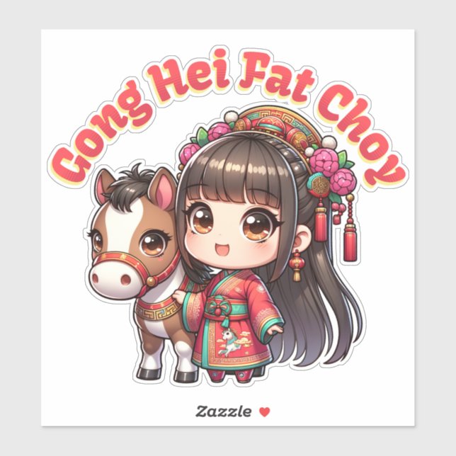 Sticker Dessin chinois Nouvel An Cheval et fille (Feuille)