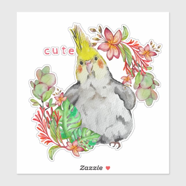 Sticker Dessin d'aquarelle d'un perroquet amusant en fleur (Feuille)