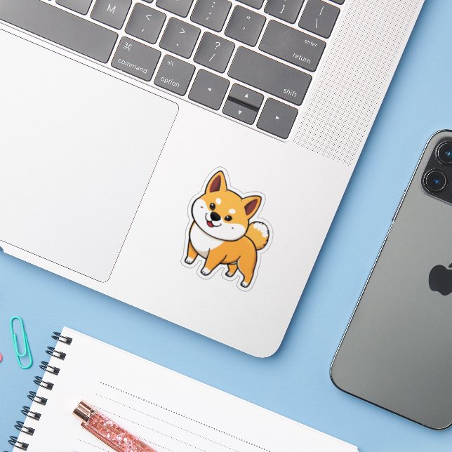 Sticker Dessin de Shiba Inu (Ordinateur portable avec iPhone)