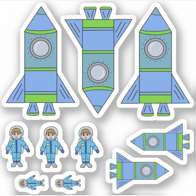 Sticker Dessin Enfant Fusée Mignon Astronaute Bleu Vert  (Devant)