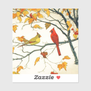 Sticker Dessin japonais vintage, cardinaux sur une branche