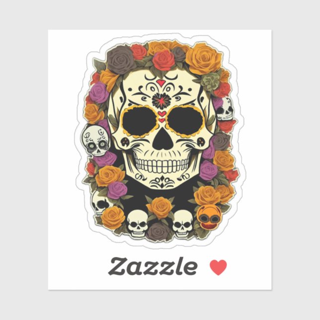 Sticker Día de Muertos Crâne Design à fleurs (Feuille)