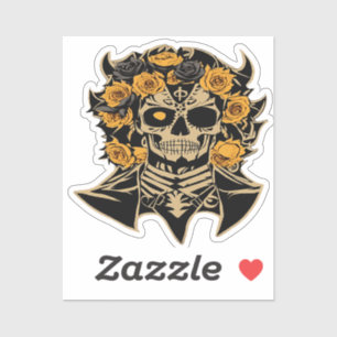 Sticker Día de Muertos Crâne Orange et Fleurs Noires Des