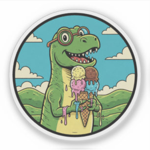 Sticker Dinosaure mangeant de la glace douce friandise pré