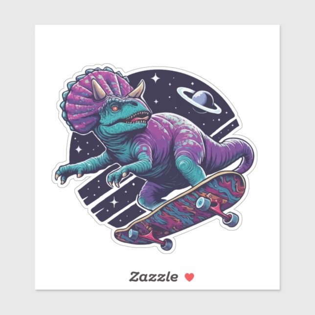 Sticker Dinosaure spatial en planche à roulettes (Feuille)