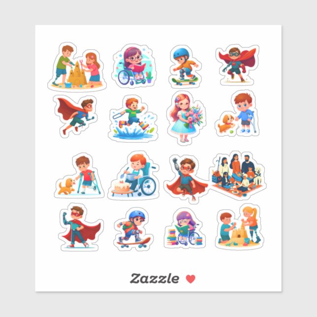 Sticker Diverse Kids with Disabilities and Superpowers, In (Feuille)