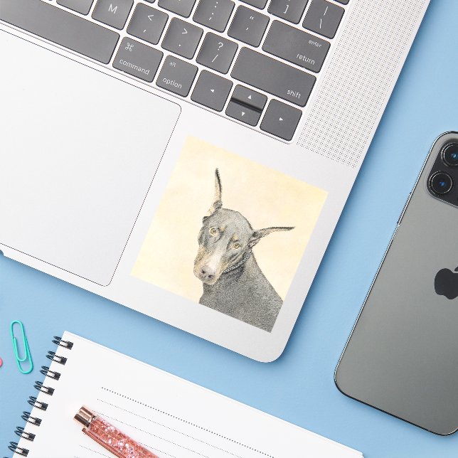 Sticker Doberman Pinscher Peinture - Art Chien original (Ordinateur portable avec iPhone)