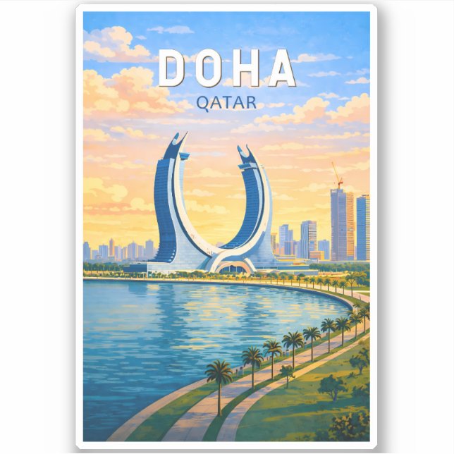 Sticker Doha Qatar Illustration Voyage Art Rétro (Devant)