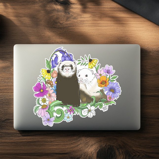 Sticker Douce Paire de Furets Floraux Bleus Fantaisistes  (Créateur téléchargé)