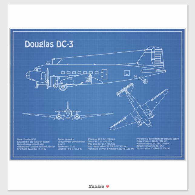 Sticker Douglas DC-3 - Plans de dessin du plan d'avion AD (Feuille)