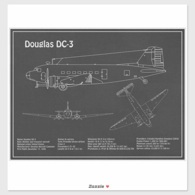Sticker Douglas DC-3 - Plans de dessin du plan directeur d (Feuille)