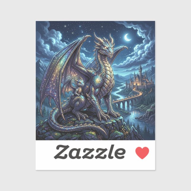 Sticker Dragons célestes éclairés par la lune et château (Feuille)