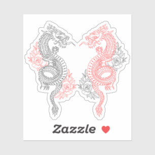 Sticker Dragons traditionnels noirs et rouges avec Roses