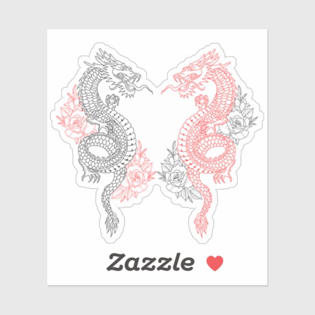 Sticker Dragons traditionnels noirs et rouges avec Roses (Feuille)