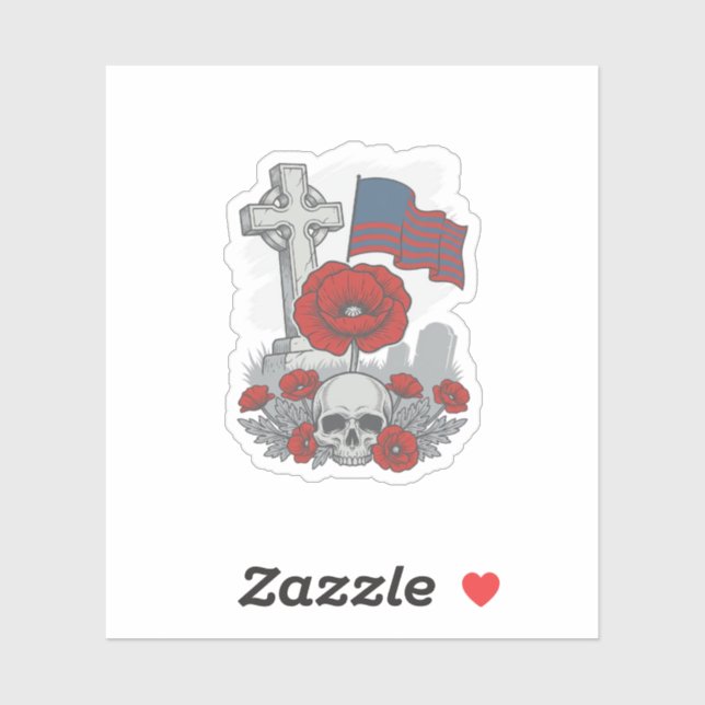 Sticker Drapeau coquelicot commémoratif Croix Gravure Vint (Feuille)