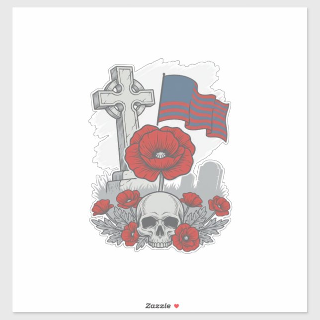 Sticker Drapeau coquelicot commémoratif Croix Gravure Vint (Feuille)